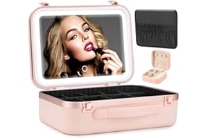 Seoneiro Travel Makeup Case with Light Up Mirror,Portable Waterproof Make Up Lighted Case with 3 Adjustable Brightness, Makeup Organizer with Adjustable Dividers