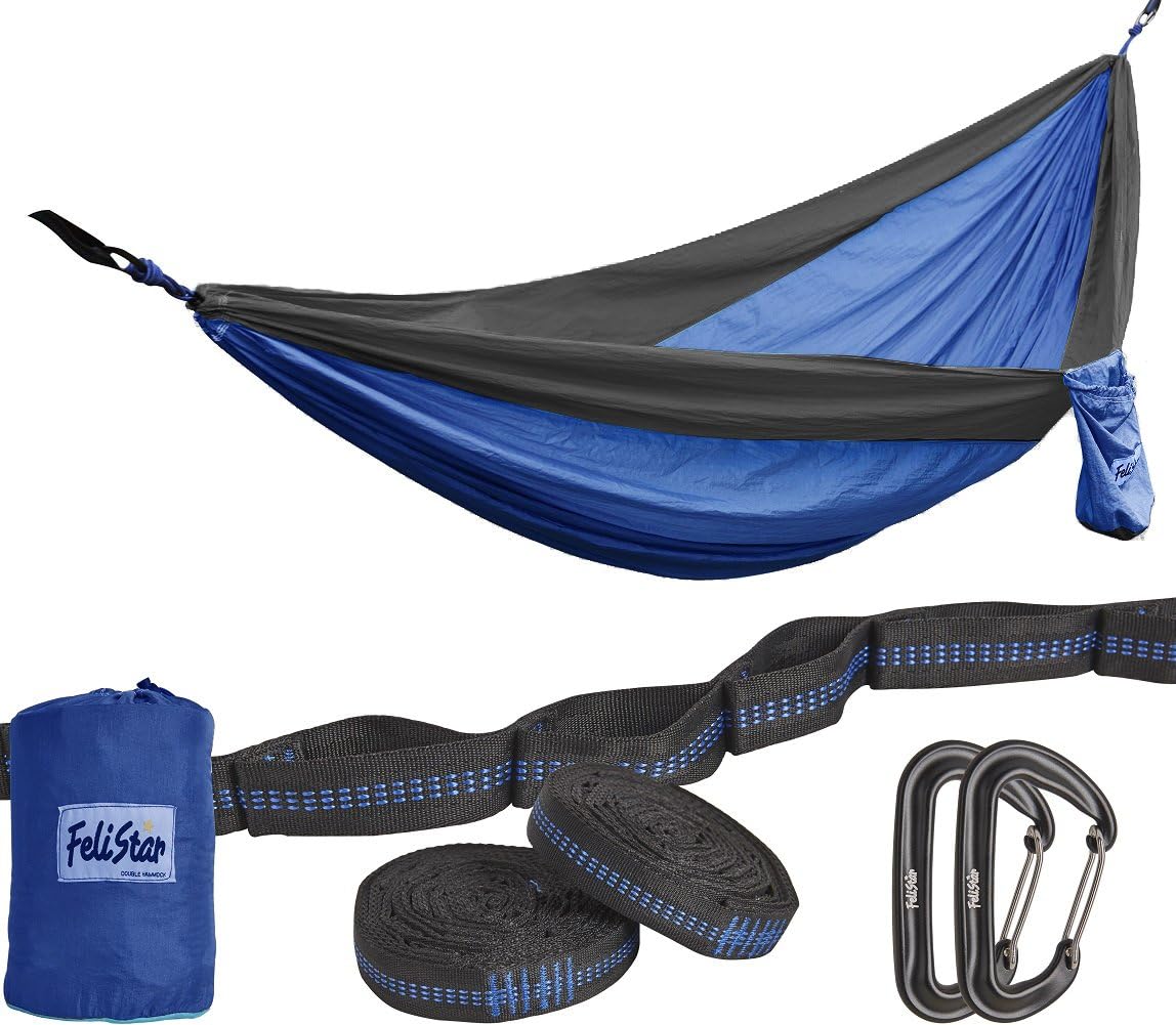fomei Hammock - Camping Double Hammock- Portable Parachute Nylon Hammock with Tree Straps & Alloy Carabiners for Backpacking Garden, Backyard,Hiking &Traveling (Navy Blue/Charcoal, Double)