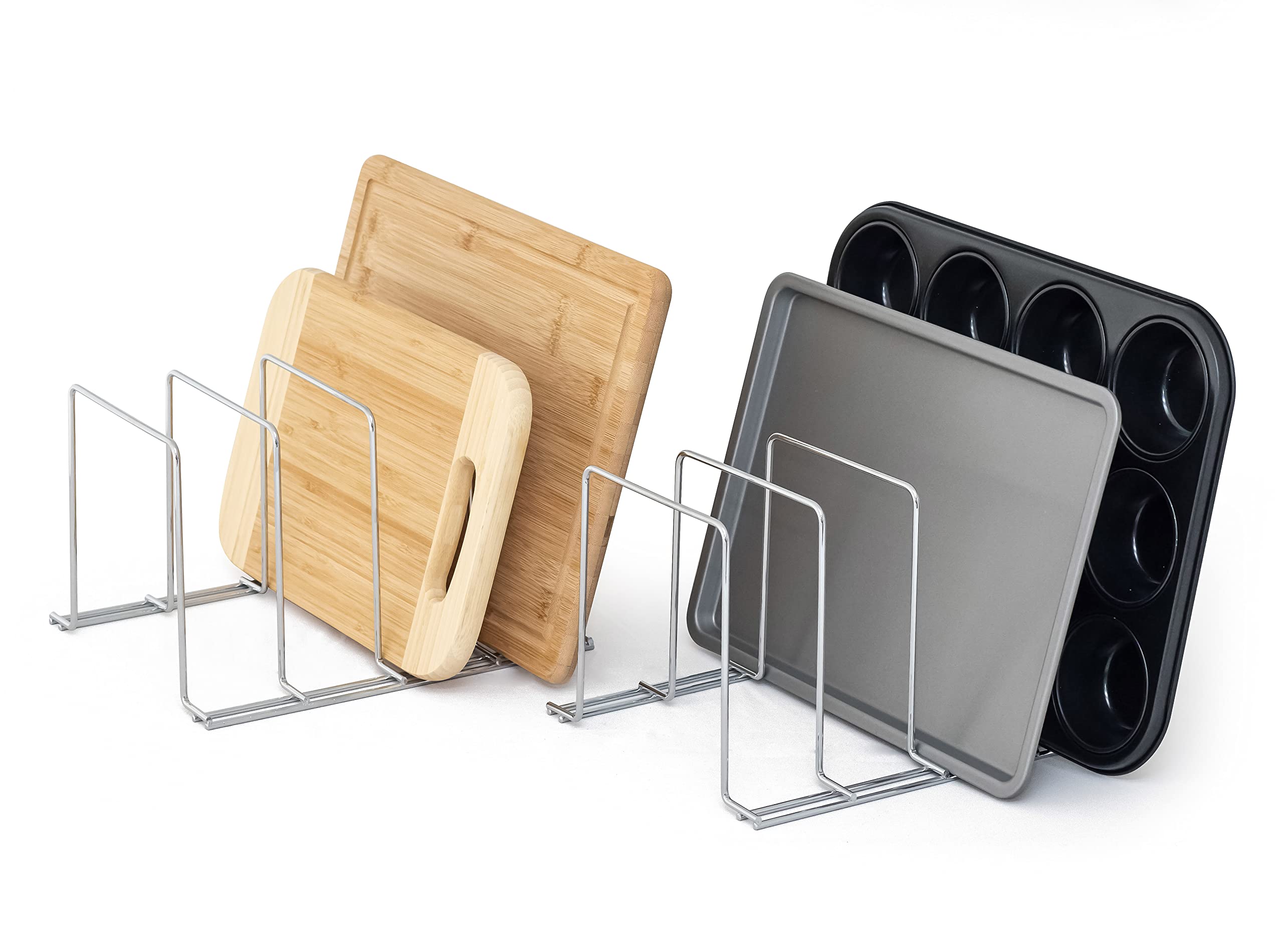 simplywire – Baking Tray and Chopping Board Racks – Pack of 2 - Pan Storage - Kitchen Cupboard Organiser – Chrome