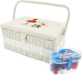 Juvale Nähkorb Vintage-Stil mit Nähset - Nähkästchen für Handarbeiten mit Schere, Maßband, Garn und mehr - Einsatz mit Staufächern - ca. 33 x 22,9 x 15,2 cm