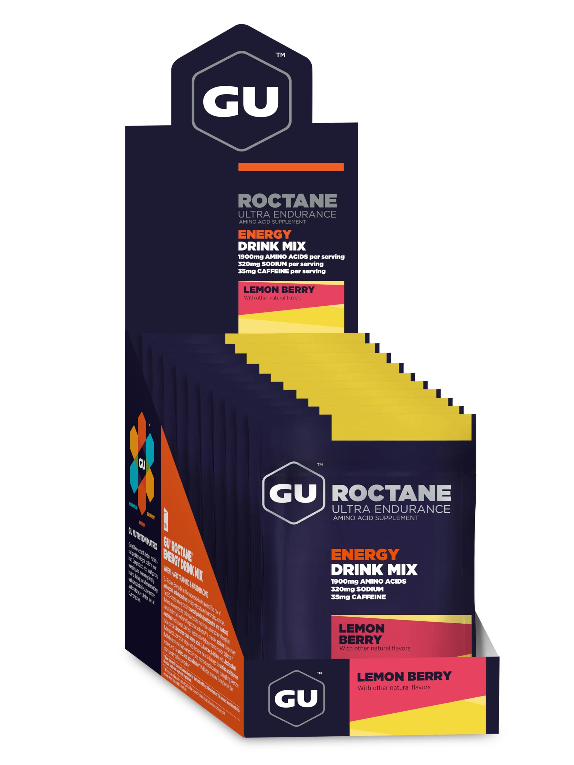 GU Energy Roctane Ultra Endurance Energy Drink Mix, Vegan, Gluten-Free, Kosher, Caffeine-Free, and Dairy-Free n-the-Go Energy for Any Workout, 10 Single-Serving Packets, Lemon Berry