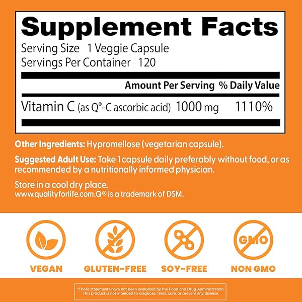 DOCTOR’S BEST VITAMIN C WITH Q-C – VITAMIN C 1000MG NON-GMO, VEGAN, GLUTEN FREE, SOY FREE, SOURCED FROM SCOTLAND VEGGIE CAPS, 120 COUNT