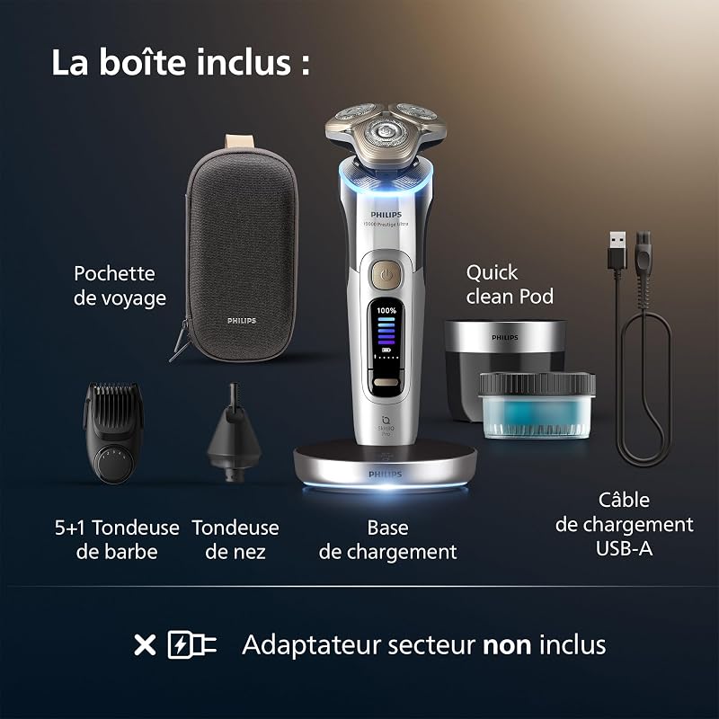 Rasoir i9000 Prestige Ultra, rasoir électrique 100% étanche, technologie Skin IQ Pro, système Triple Lift & Cut, lames de précision NanoTech rotatives 360, 5 modes de rasage, XP9404/38