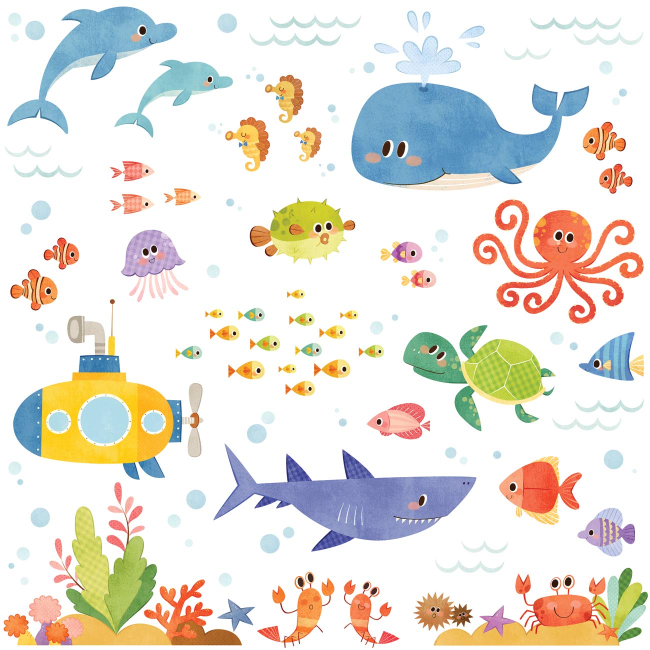 DECOWALL DS8-1611 Under The Sea Kids Wall Stickers Ocean Fish Jellyfish Turtle Dolphin Decals Removable for Nursery Bedroom Bathroom Room Art Decor Decoration