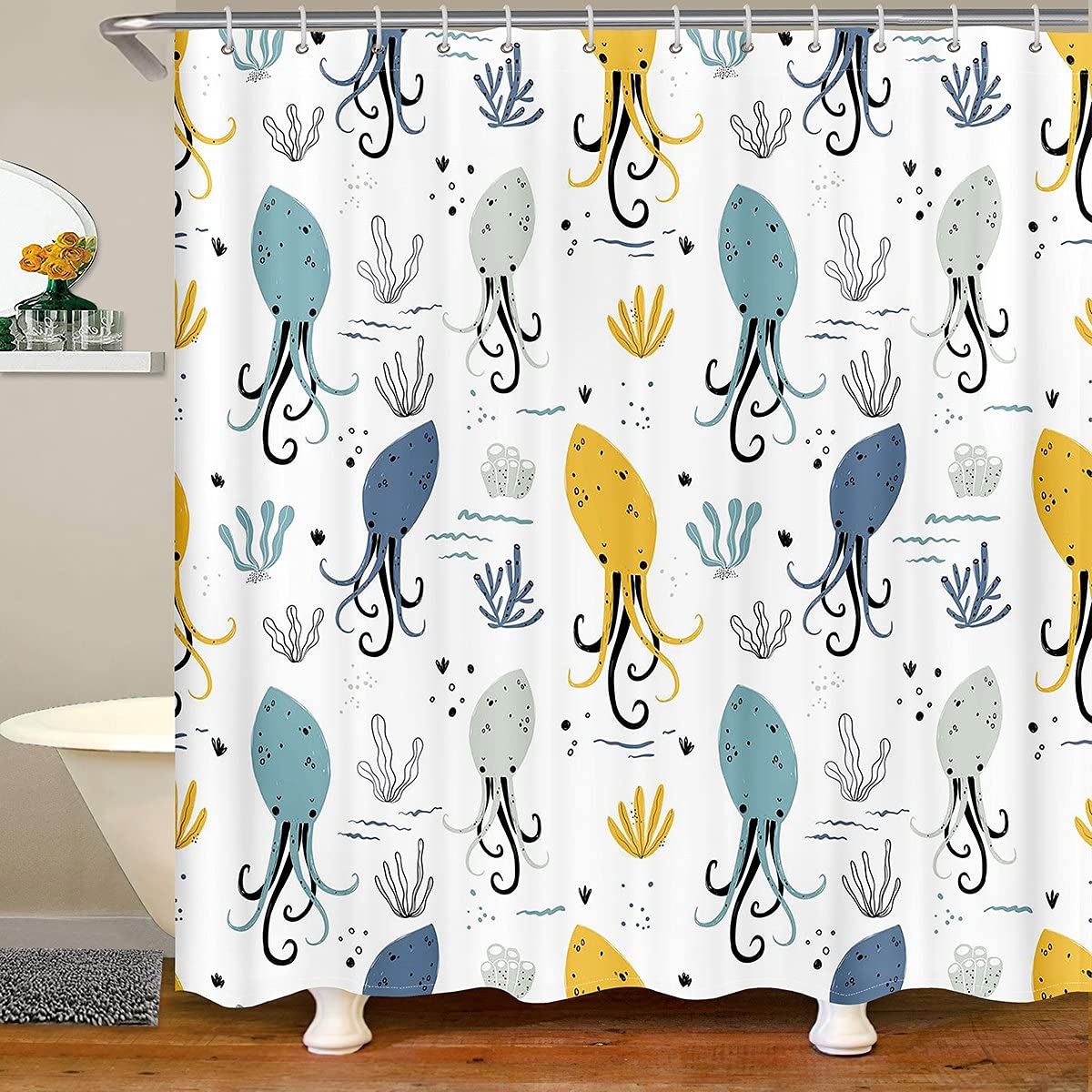 Homemissing Octopus Cartoon Shower Curtain Sea Marined Bath Curtain For Kids Adult Ocean Kraken Waterproof Bathroom Curtains Fabric Shower Curtains Stalls Underwater Animal 59x71 Inch