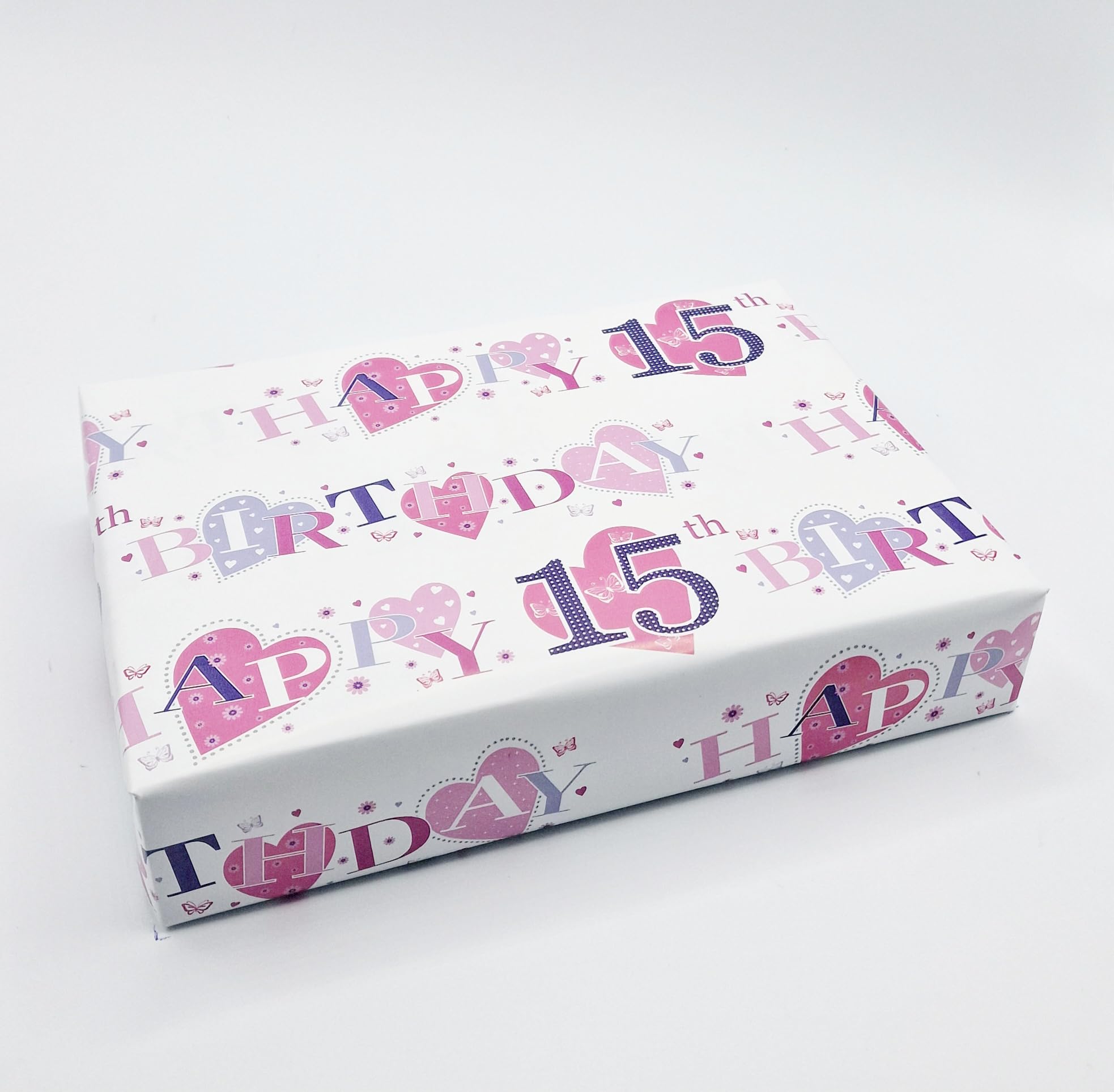 2 Sheets + 2 Gift Tags Heart Design 15th Birthday Pink Female Wrapping Paper Age 15 Birthday Gift Wrap Paper Pink Female (PA)