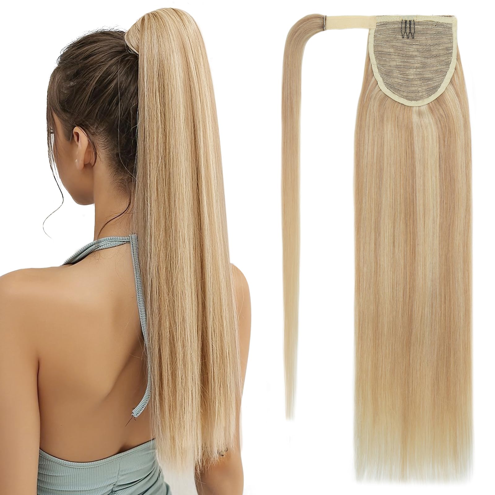 SEGOHAIR Wrap Around Ponytail Human Hair Clip in Ponytail Hair Extensions, 20 inch Long Straight One Piece Clip in Hairpieces Remy Real Human Hair-Dark Blonde mixed with Bleach Blonde — image 1