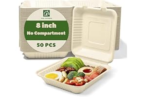 Pony Packaging 8X8 50-Pack 100% Compostable Clamshell Take Out Food Containers, Heavy-Duty Quality to go Containers, Natural Disposable Bagasse, Eco-Friendly Biodegradable Made of Sugar Cane Fibers