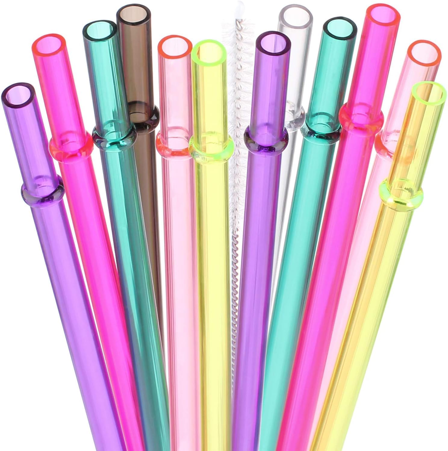 DAKOUFISH 12 Inch Clear Reusable Plastic Replacement Drinking Straws Extra Long for 30oz 40oz 60oz Mason Jar Tumblers,Set of 12 Pcs Straws with Cleaning Brush (12inch,7color)