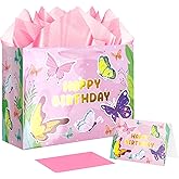 Jaywayang 12.6" Large Pink Butterfly Happy Birthday Gift Bag with Tissue Paper and Card for Women Girls.