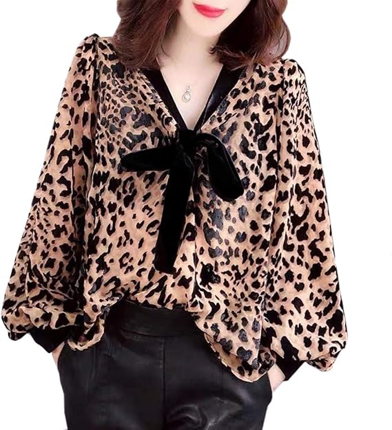 Amazon レディース トップス レオパード柄 カットソー シースルー ブラウス リボン 薄手 長袖 セクシーシャツ M シャツ ブラウス 通販