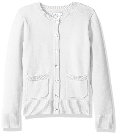 Amazon Essentials Girls' Uniform Slim Fit Crewneck Cardigan Sweater, White, X-Small