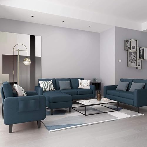 Heezuu 3 Piece Living Room Sofa Set Modern Fabric Couch Furniture Upholstered 3 Seat Sofa Couch Loveseat Single Sofa Chair Grey-Blue