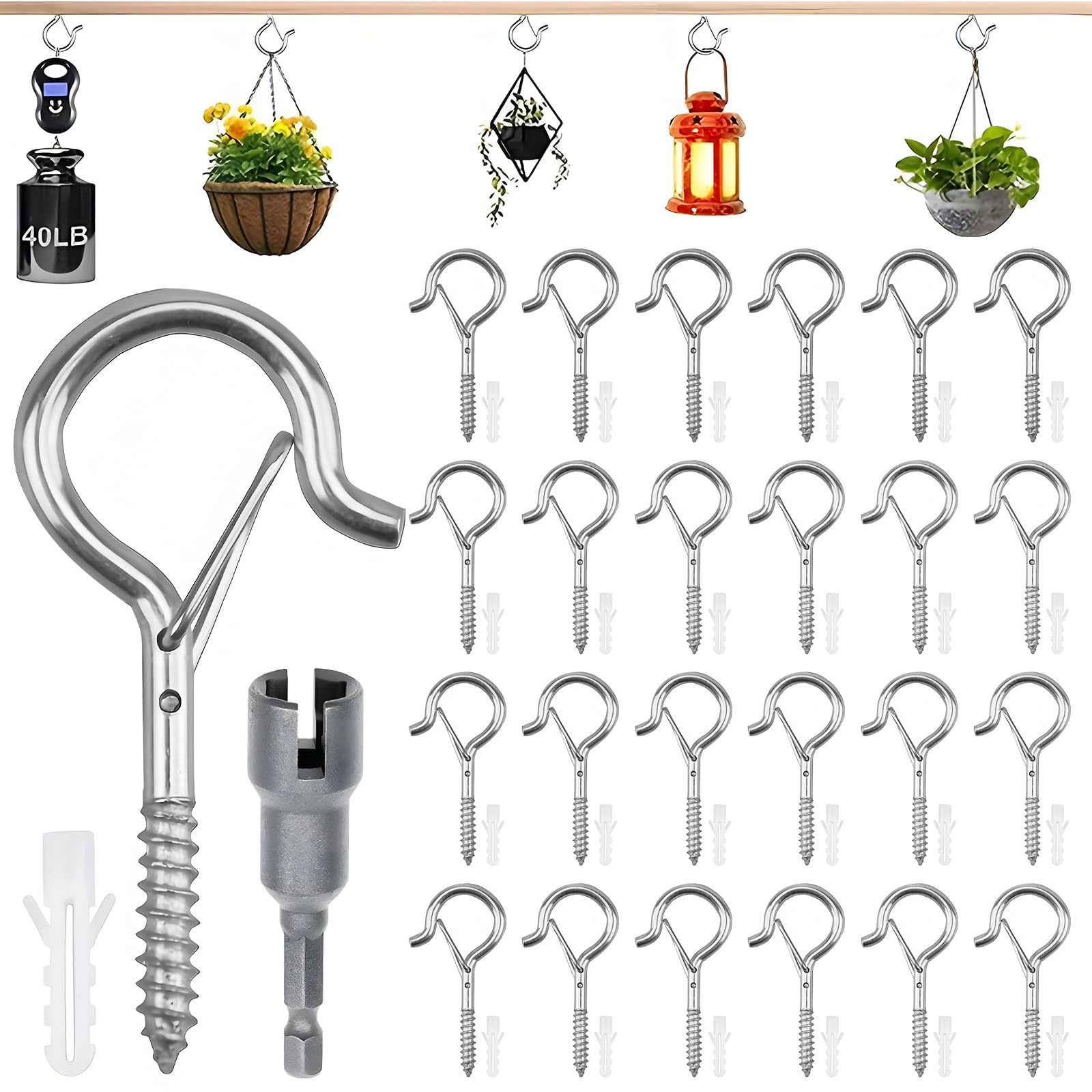 25PCS Screw Hooks for Outdoor String Lights,Screw-in Hooks Ceiling Hook for Hanging Plants,Q-Hanger Hook Cup Hookss with 1 Wing Nut Driver Garden Hookss for Outdoor Lights Birdcage Christmas Decor