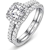 WES 1CT Cushion Cut Stackable Moissanite Bridal Ring Sets - 925 Sterling Silver Hypoallergenic Halo Square Solitaire Moissanite Engagement Ring Wedding Ring for Women, Size 6-8
