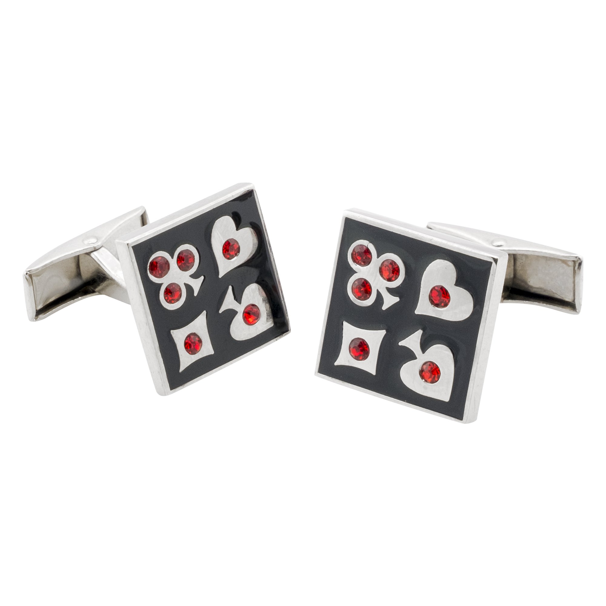 Playing Card Suit Cufflinks in a Square with Red Jewels in Symbols