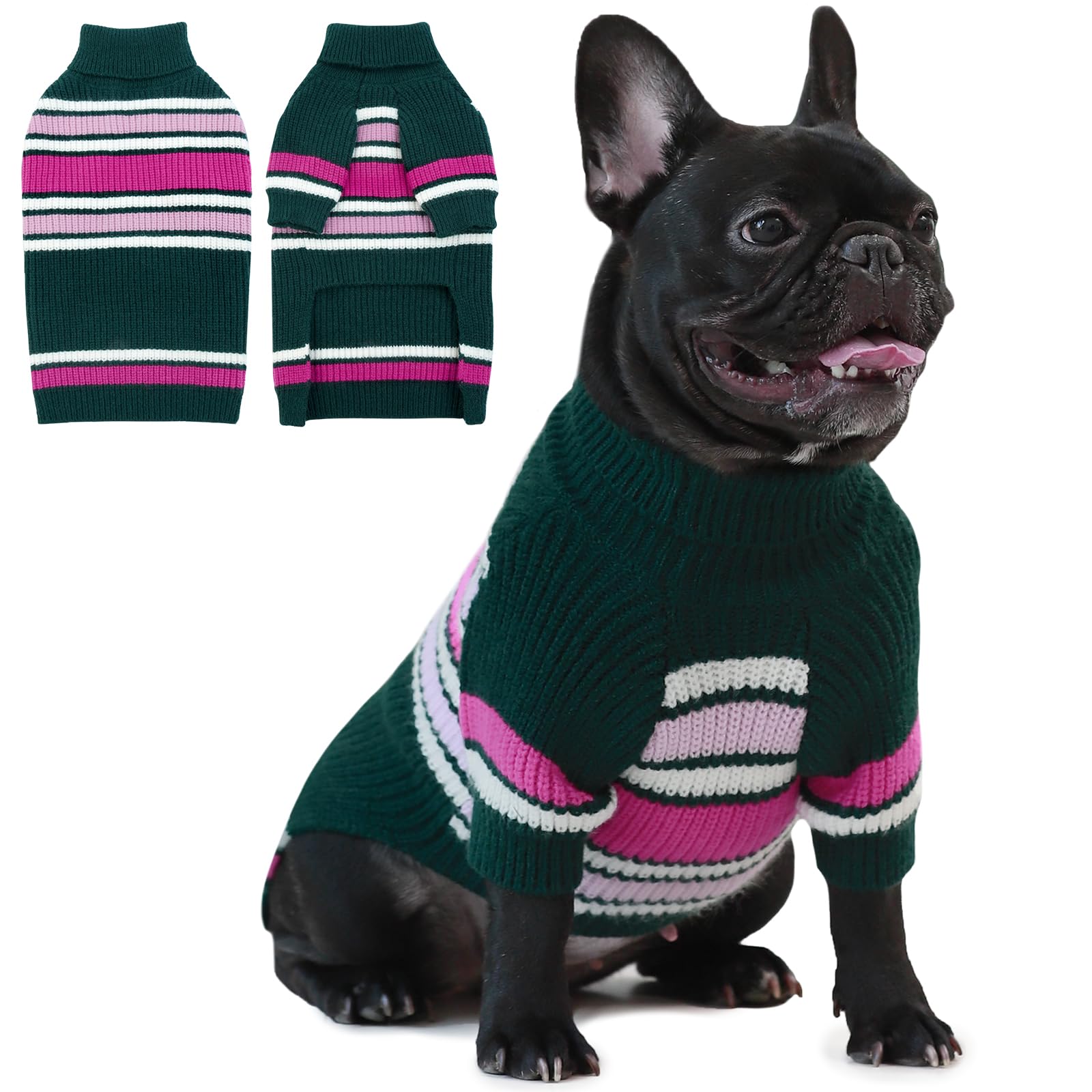 IECOii Dog Jumper Large, Sweater for Large Dogs, Warm Christmas Jumper for Boy Girl, Knitted Sweatshirt for Holiday, Striped Large Jumper for French Bulldog, Boston Terrier, Green-L