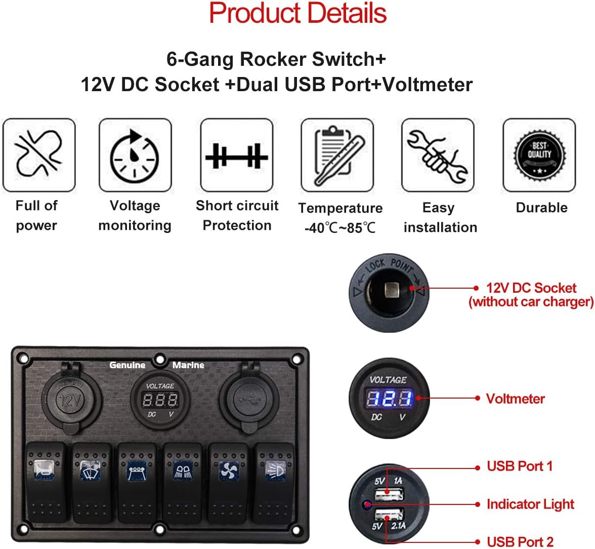 6/8 Gang 12V Rocker Switch Panel for RV Marine Car Vehicles Truck Boat Waterproof, Digital Voltmeter Display Dual USB Charger Port DC 12V Socket 12/24V Red/Blue/Orange Lighted Switches with 15A Fuse : Sports & Outdoors