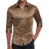Damipow Men's Silk Satin Dress Shirts Long Sleeve Casual Button Down Shirt Party Prom Wedding Shirt