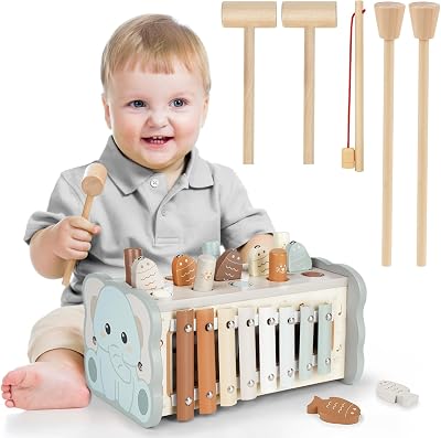 DINORUN Montessori Wooden Toy 4 in 1 Hammering Xylophone Fishing Gear