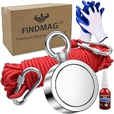 FINDMAG 1000 LBS Fishing Magnet Kit, 2.95 Inch Double Sided Strong Magnet | Retrieving Magnet Kit Includes Strong Neodymium Magnet, Gloves, 65 Foot Rope, Powerful Magnets for Retrieving Metal Items