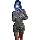 Cute and Spicy Women's Rhinestone Sheer Mesh Dress Long Sleeve Slim Fit V Back Party Clubwear Dress Run Small Order 1 Size UP