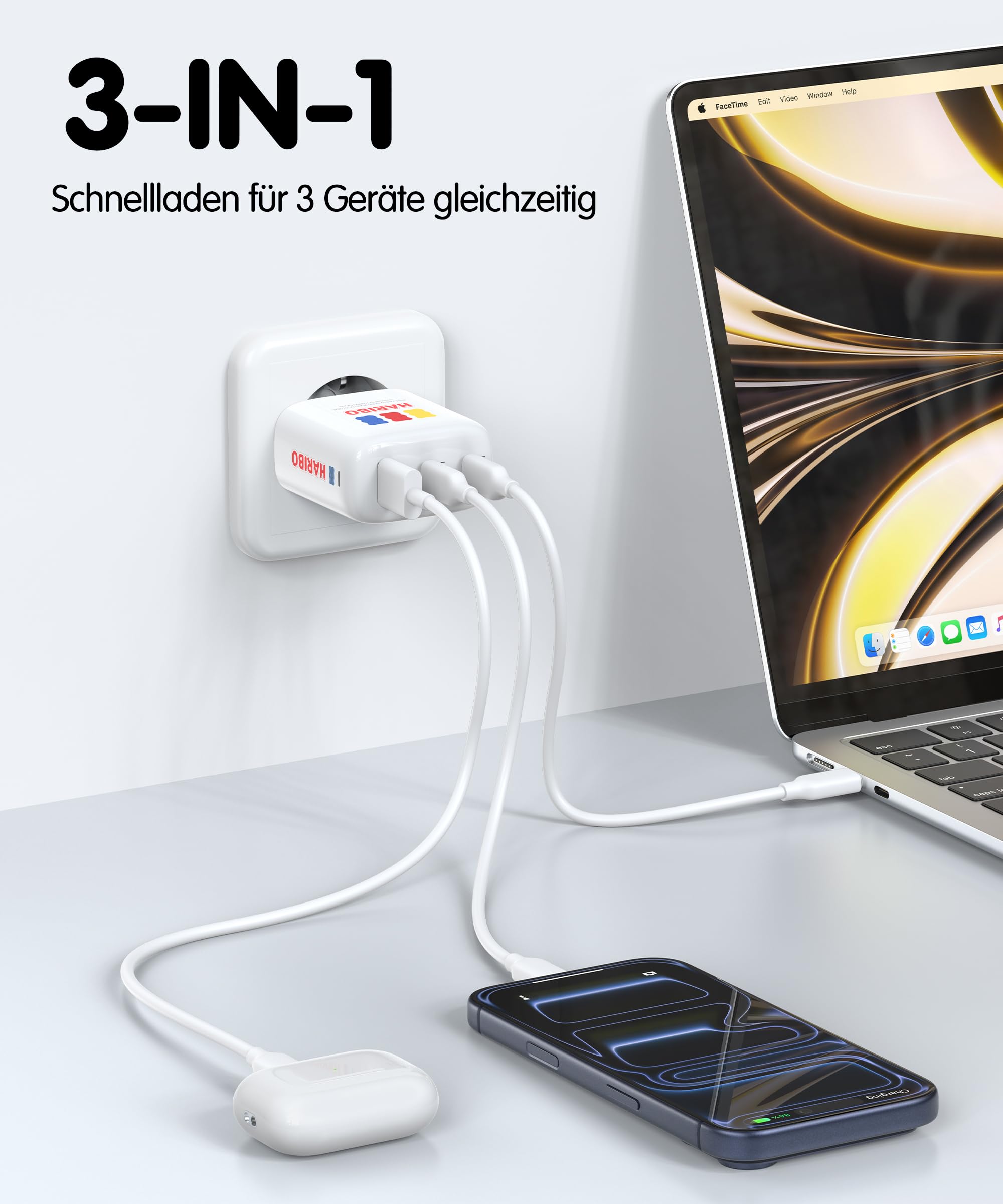 HARIBO USB C Ladegerät 65W 3-Port GaN Schnellladegerät PD/PPS Kompaktes USB-C Netzteil für MacBook Pro/Air, für iPhone 17/16/15, Galaxy S25/S24, iPad Pro, Pixel, Steam, Laptop, Geschenk, Blau 3
