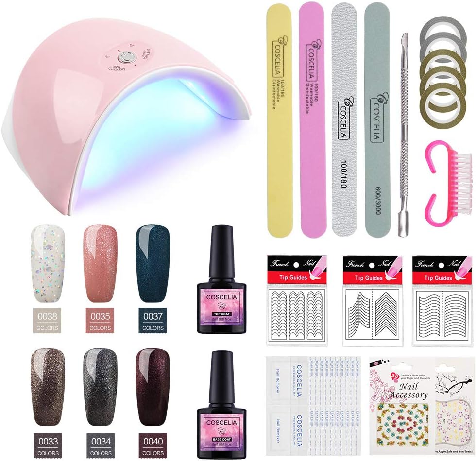 Gel Nail Polish Starter Kit with 36W UV/LED Light Nail Lamp Base Top Coat Soak Off Gel Color 6 Colors Set Manicure Tools Essentials