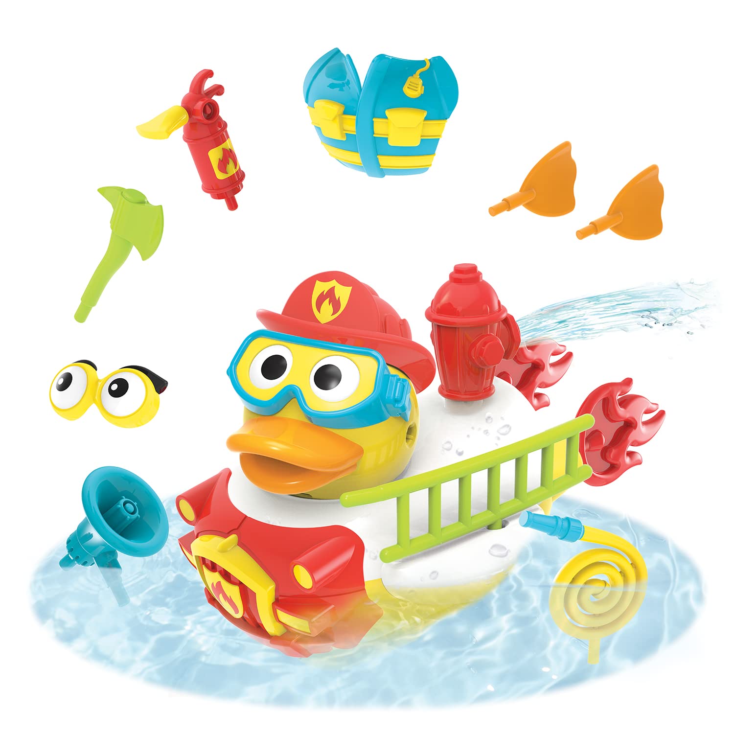 Yookidoo Jet Duck Firefighter Bath Toy with Powered Water Shooter - Sensory Development & Bath Time Fun for Kids - Battery Operated Bath Toy with 15 Pieces - Ages 2+