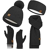 Winter Beanie Hat Scarf Gloves Headband Set – Knit Beanie, Warm Scarf, Touchscreen Gloves & Ear Warmer, Gift for Women & Men