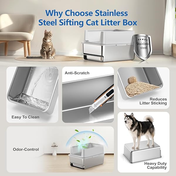 23.6X16X14” SIFTING LITTER BOX WITH DRAWERS, STAINLESS STEEL DRAWER LITTER BOX WITH 6” LID & METAL SCOOP, XL CAT LITTER TRAY, ODOR-CONTROL & SAVES CLEAN TIME, FITS MOST CATS