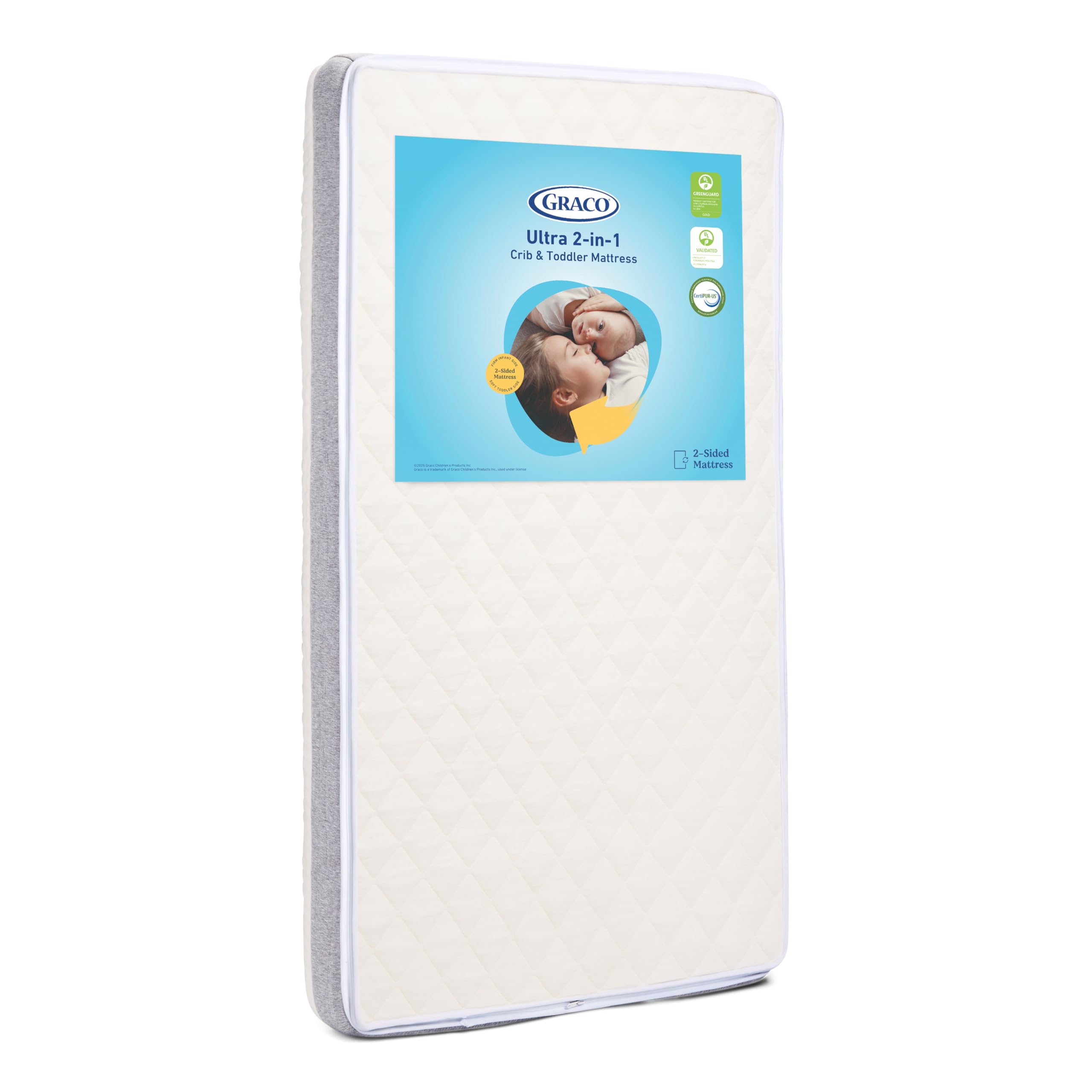 Graco Ultra 2-in-1 Premium Dual Sided Crib & Toddler Mattress - GREENGUARD Gold, CertiPUR-US Certified Foam, Machine Washable Cover with 100% Waterproof Surface, Fits Standard Crib & Toddler Beds