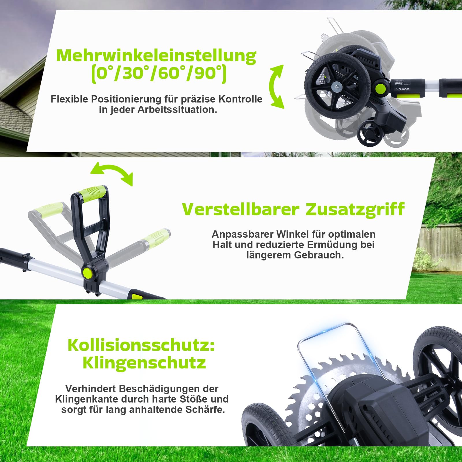 CHANGEMOORE Akku-Rasentrimmer mit 2x4.0Ah Akku, Bürstenloser Motor, Digital Display, Sicherheitsschalter, 90° Verstellbarer Kopf, 20cm Schnittbreite, 3 Klingentypen, für Garten & Hof, Neu aufgerüstet 8