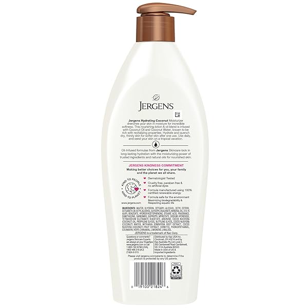 JERGENS HYDRATING COCONUT BODY LOTION, HAND AND BODY MOISTURIZER HYDRATES DRY SKIN INSTANTLY, INFUSED WITH COCONUT OIL, DERMATOLOGIST TESTED, 16.8 OZ