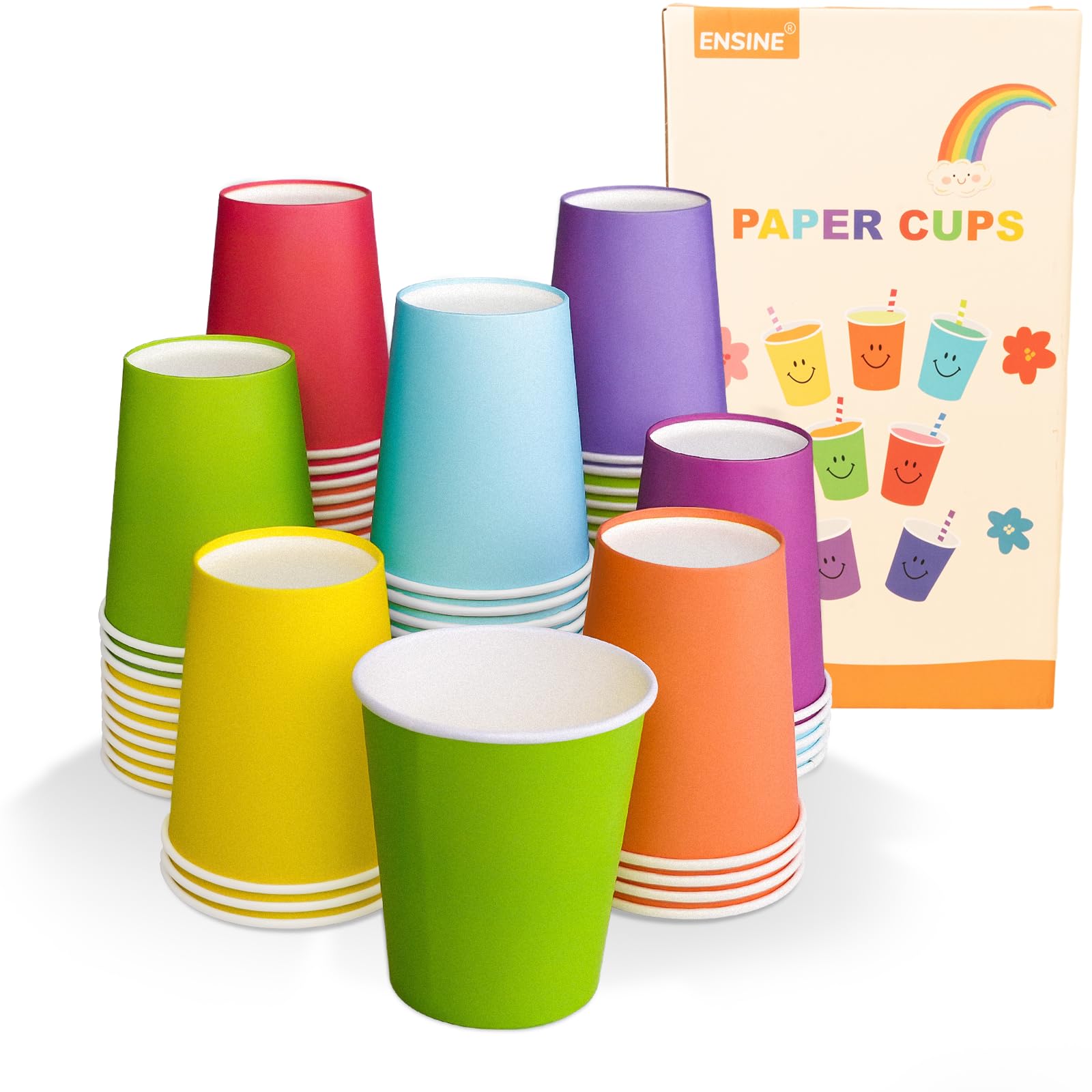 ENSINE 9oz Disposable Paper Cups, 70-Pack, 250ml Party Cups with Rainbow Colors for Christmas, Birthday, Halloween, Wedding, Baby Shower & Holidays – Perfect for Beverages, Juice & Soda