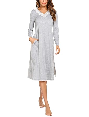 ADOME Damen Lang Nachthemd Langarm Sleepwear Spize am V-Ausschnitt Nachtkleid Still A-Linie Schlafkleid Casual Nachtwäsche Ba
