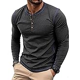 PEGNEO Mens Henley T-Shirt Long Sleeve Lightweight Soft Basic Tee Casual Stylish Dark Grey Large