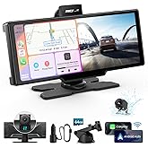 Portable Apple Carplay Screen, 10’’ Car Stereo Wireless Car Play & Android Auto Touch Screen, 4K Dash Cam, 1080P Backup Camera, Mirror Link/Voice Control/Music Play/GPS Navigation