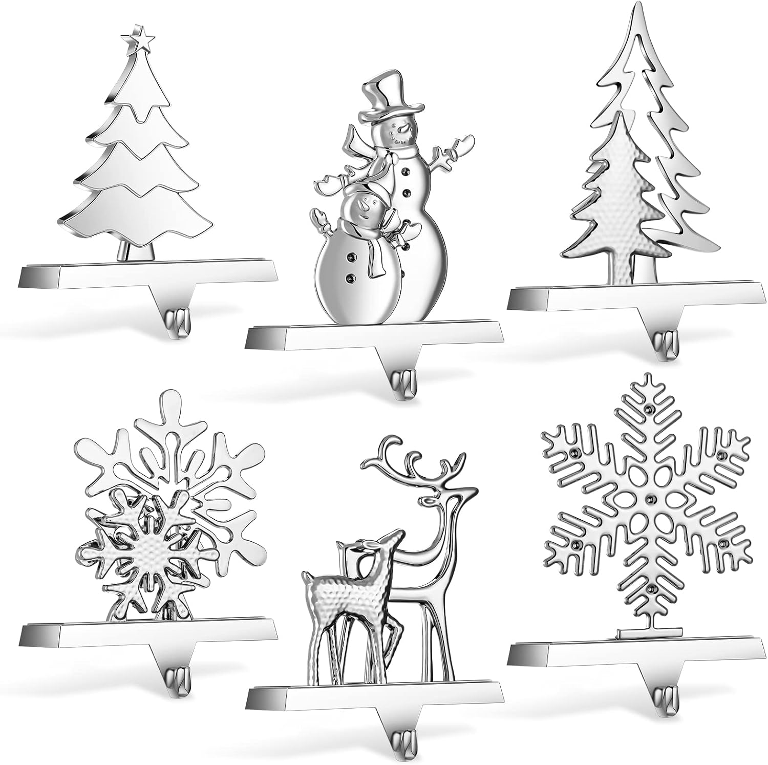 Stockings & Holders - 6 Pieces Snowflake Stocking Holder Christmas Stocking Holders Elk Santa Claus Silver Metal Stocking Hanger Mantle Hooks for Mantel Fireplace Christmas Party and Home Decoration (Snowman)