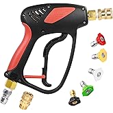 TOOLCY Short Pressure Washer Gun with Swivel, 4000 PSI Power Washer Gun, Car Wash Power Washing Gun with 3/8" Male Plug, 1/4” Quick Connector Coupler and 5 Nozzle Tips
