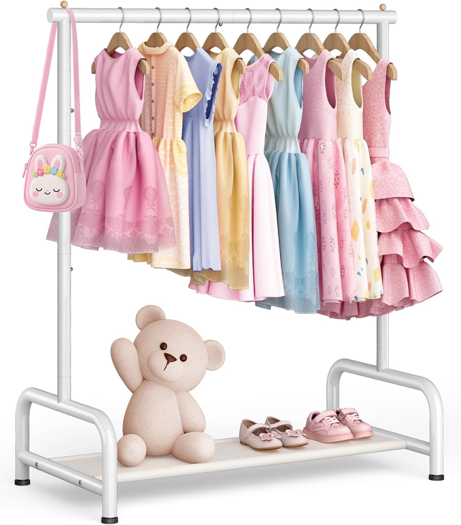 MISSLO Metal Kids Clothes Rails for Girls, Boys & Baby Nursery - Small Clothes Rack Garment Hanging rail with Storage Shelf - Childrens Dressing Up Rail for Bedroom,White