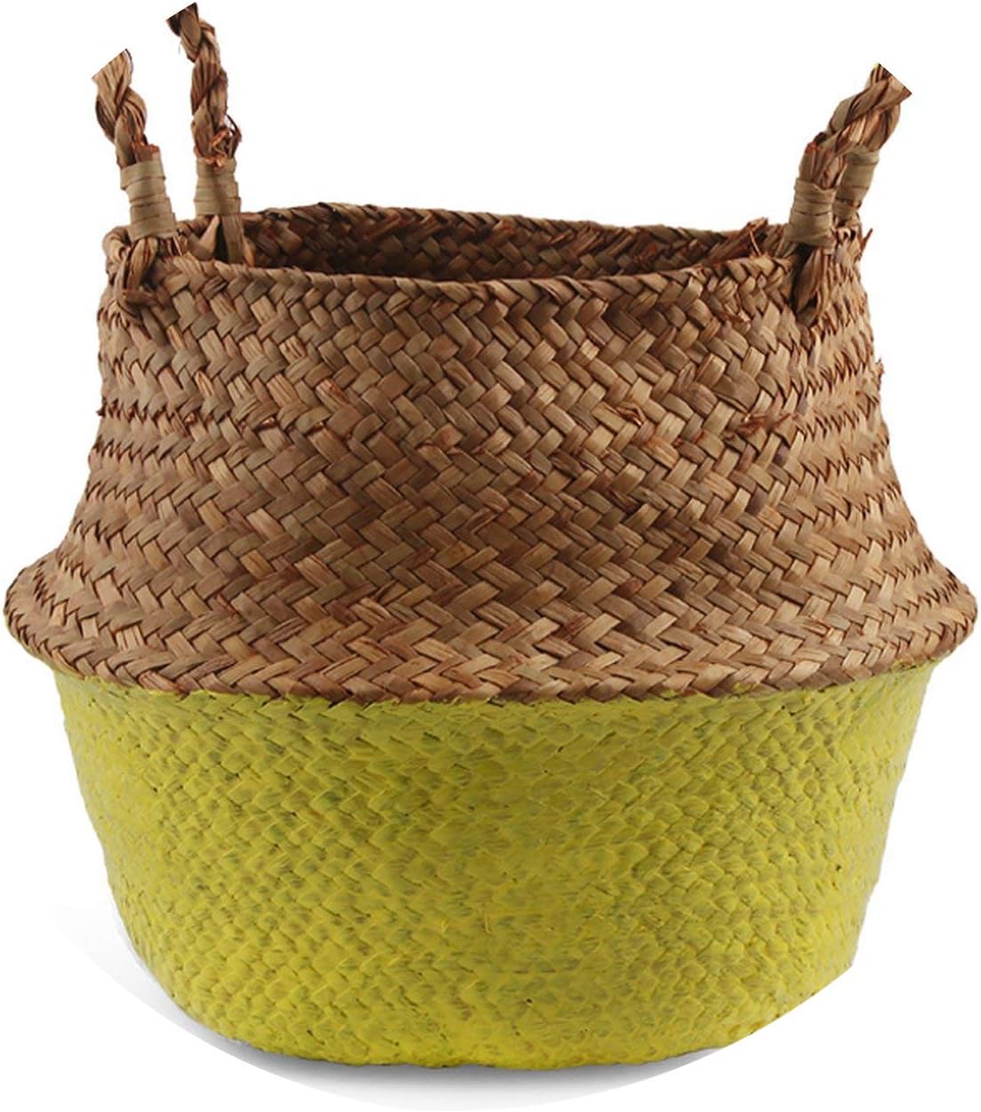 Seagrass Folding Handmade Storage Basket Decorative Rattan Plant Flower Pot Woven Wicker Belly Laundry Basket Home Decor,Yellow,22cmX20cm