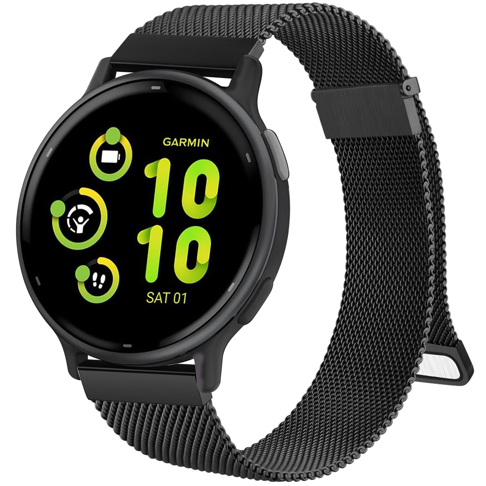 Metal Strap for Garmin Venu Sq/Sq 2 Music, Vivoactive 5/3, Forerunner 55/645/245 - 20mm Stainless Steel Replacement Band With Enhanced Magnet for Venu 2 Plus (Black)