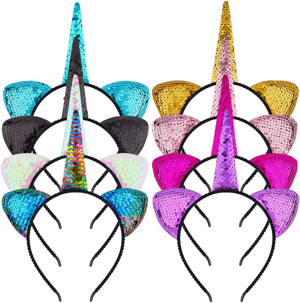 Beinou 8 Pcs Sequin Unicorn Headband, Magic Reversible Glitter Rainbow Cat Ears Hairbands Kids Hair Hoop Bands Cosplay Party Supplies
