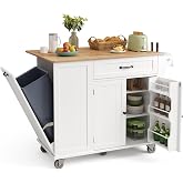 Ahomly Kitchen Island with Storage, 44.49" W, White | Kitchen Island with Trash Can Storage, Drop Leaf Rubberwood Top, Knife Holder, Adjustable Shelf, Drawer, Spice Rack