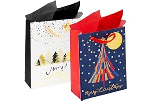RACHELLE'S Christmas Gift Bags – Medium 13"x10"x4" – 2-Pack Sturdy Paper Gift Bags with Tissue Paper, Tag and Handle – Holiday Trees Design – Perfect for Christmas Holiday Gifting & Party Favors