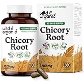 Wild & Organic Chicory Root Fiber Capsules - 1200 mg of Chicory Root Powder per Serving - Digestive & Gut Support - Inulin Prebiotic Fiber Supplement - Non-GMO, Vegan Inulin Capsules - 180 Count