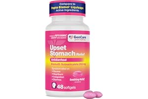 GenCare Upset Stomach Relief – 48 Softgels – Bismuth Subsalicylate 262 mg Antidiarrheal Medication – Acid Reflux Medicine for Nausea, Heartburn & Indigestion Relief – Generic for Pepte Bismol Tablets