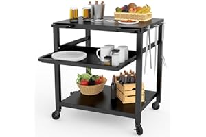 NUUK Outdoor Grill Prep Table 24"x30" Metal Grill Cart Outside 3-Layer Pizza Oven Table Movable with Universal Wheels for BBQ Backyard Patio