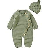 Geogenry Newborn Baby Girls Boys Sweater Jumpsuit Winter Knit Romper Clothes Button Solid Bodysuit Jumpsuit Hat 2pcs Outfit